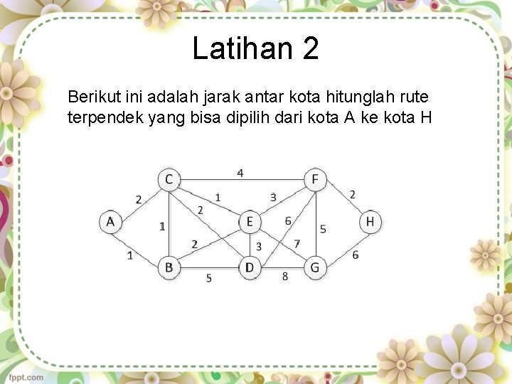 Latihan 2 Berikut ini adalah jarak antar kota hitunglah rute terpendek yang bisa dipilih