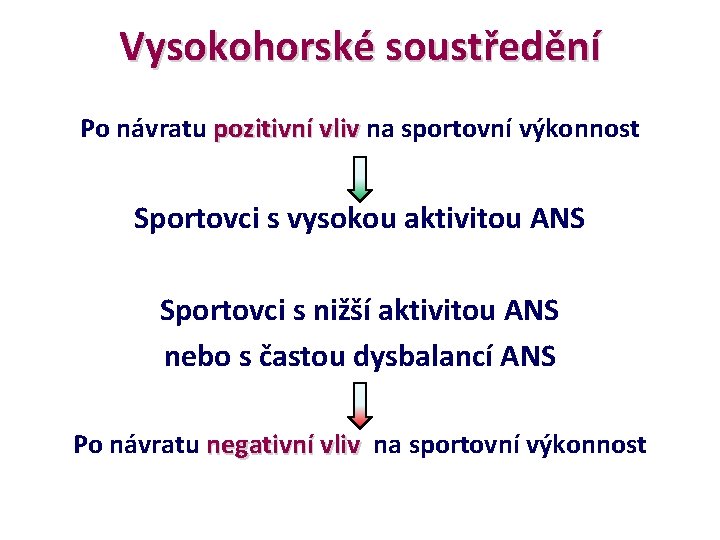 Vysokohorské soustředění Po návratu pozitivní vliv na sportovní výkonnost Sportovci s vysokou aktivitou ANS