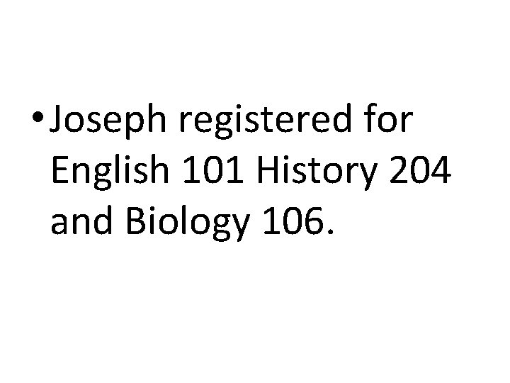  • Joseph registered for English 101 History 204 and Biology 106. 