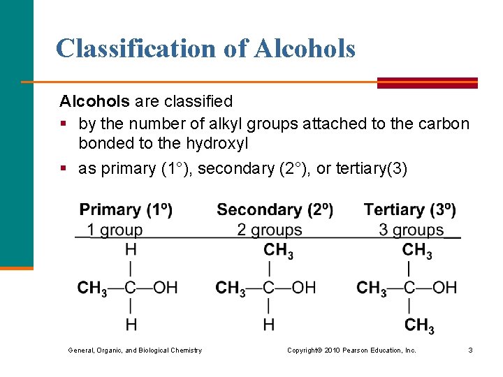 Classification of Alcohols are classified § by the number of alkyl groups attached to