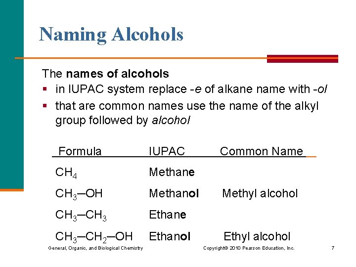 Naming Alcohols The names of alcohols § in IUPAC system replace -e of alkane