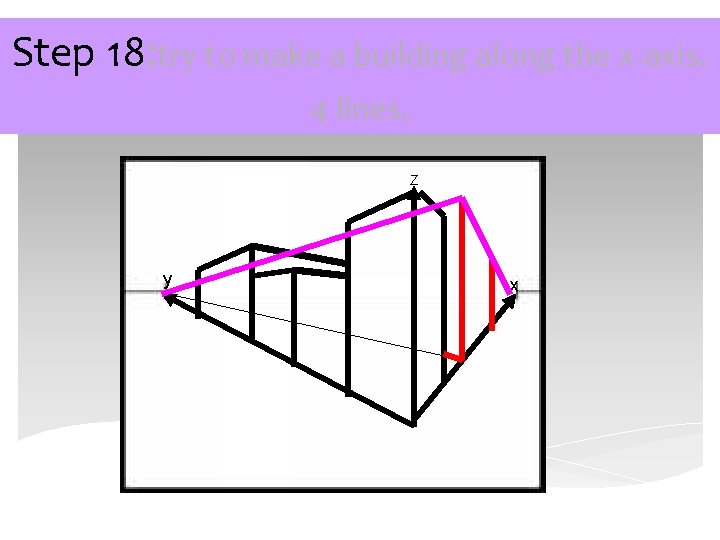 Step 18: try to make a building along the x-axis. 4 lines. Z y