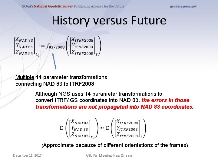 History versus Future Multiple 14 parameter transformations connecting NAD 83 to ITRF 2008 Although