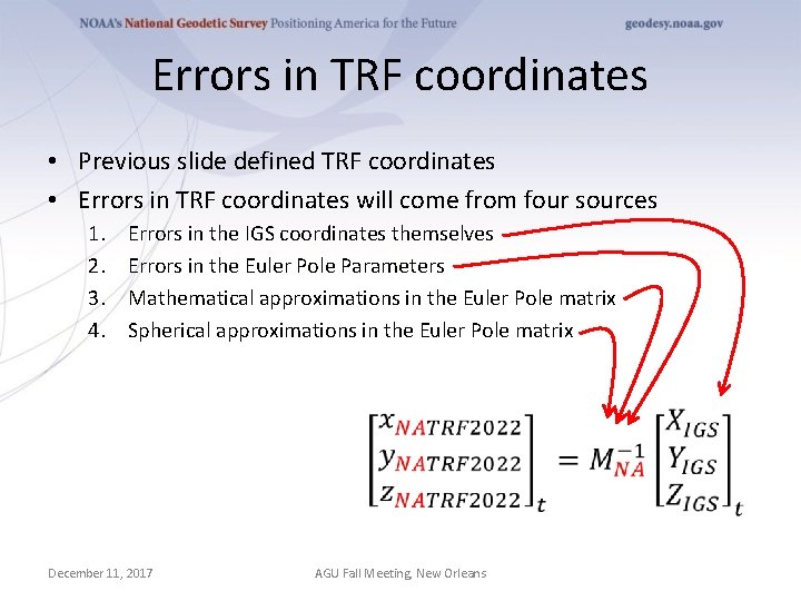 Errors in TRF coordinates • Previous slide defined TRF coordinates • Errors in TRF