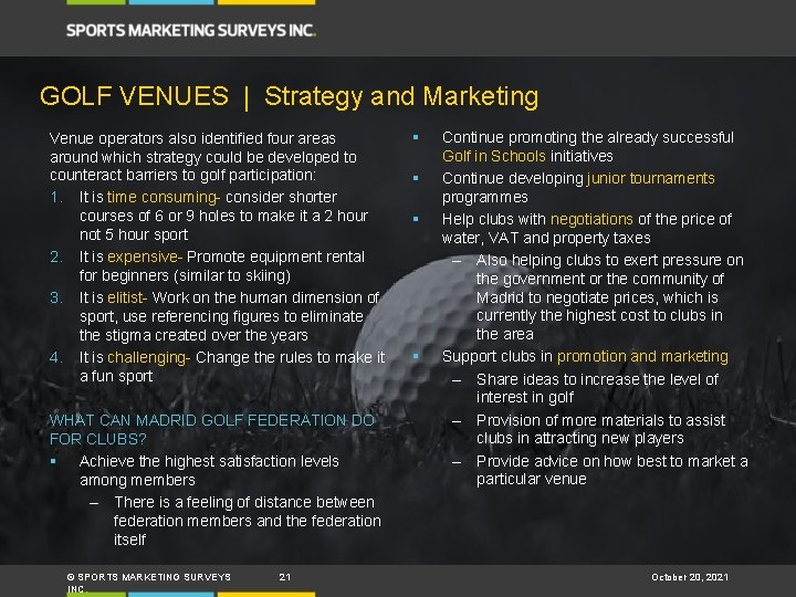 GOLF VENUES | Strategy and Marketing Venue operators also identified four areas around which