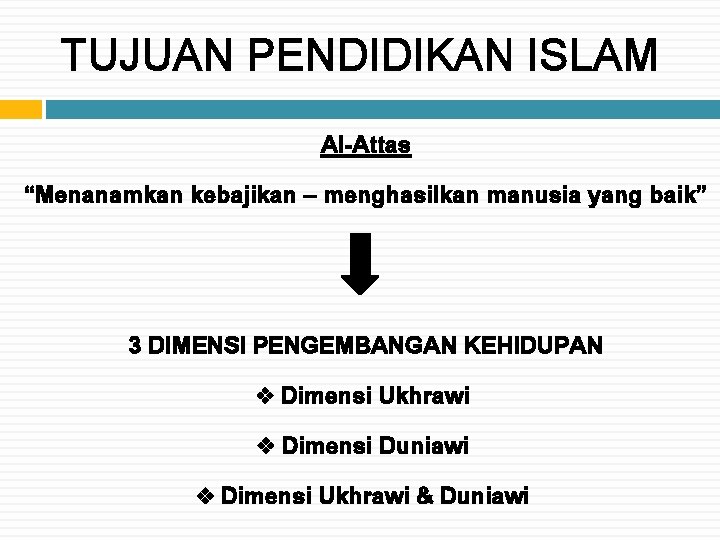 TUJUAN PENDIDIKAN ISLAM Al-Attas “Menanamkan kebajikan – menghasilkan manusia yang baik” 3 DIMENSI PENGEMBANGAN