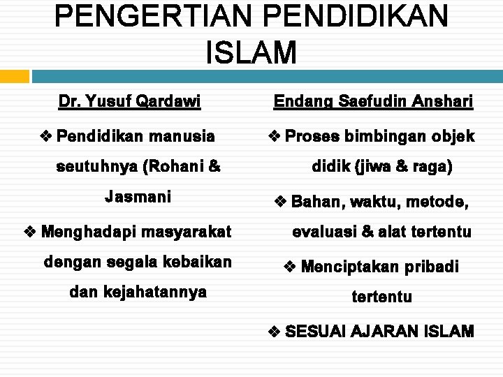 PENGERTIAN PENDIDIKAN ISLAM Dr. Yusuf Qardawi v Pendidikan manusia seutuhnya (Rohani & Jasmani v