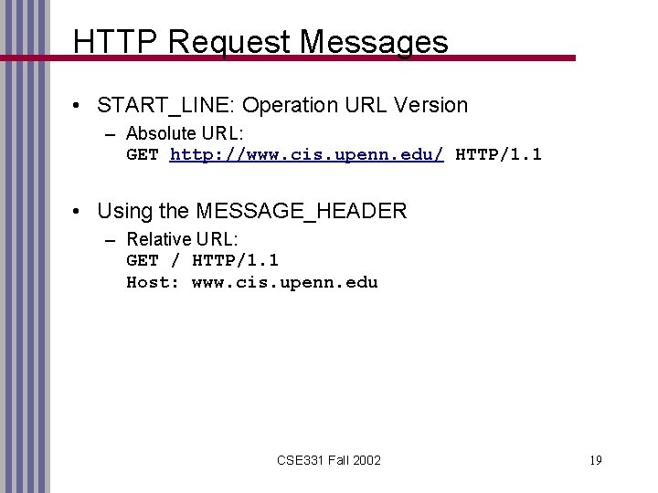 HTTP Request Messages • START_LINE: Operation URL Version – Absolute URL: GET http: //www.