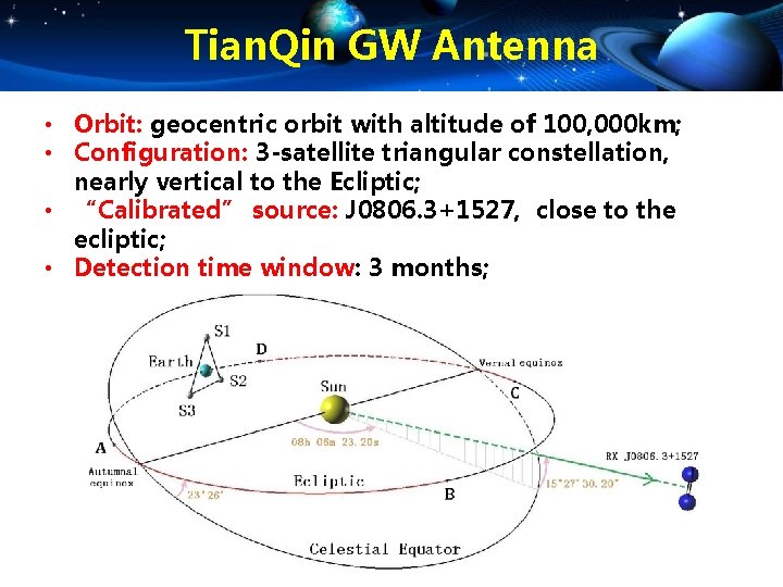 Tian. Qin GW Antenna • Orbit: geocentric orbit with altitude of 100, 000 km;