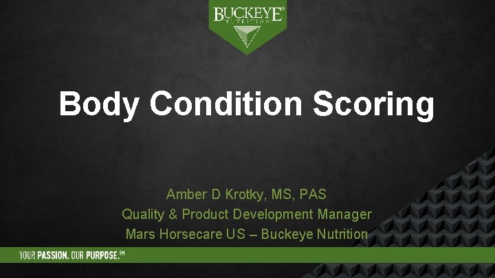 Body Condition Scoring Amber D Krotky, MS, PAS Quality & Product Development Manager Mars