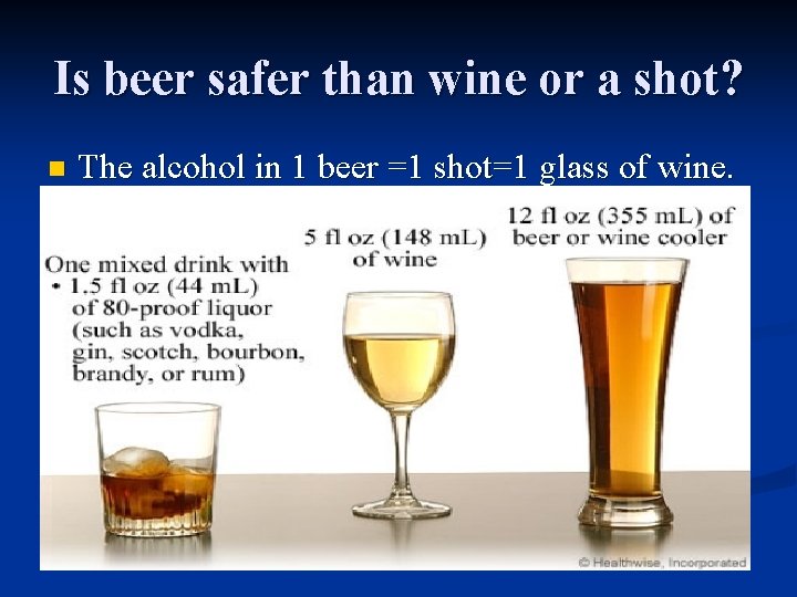 Is beer safer than wine or a shot? n The alcohol in 1 beer