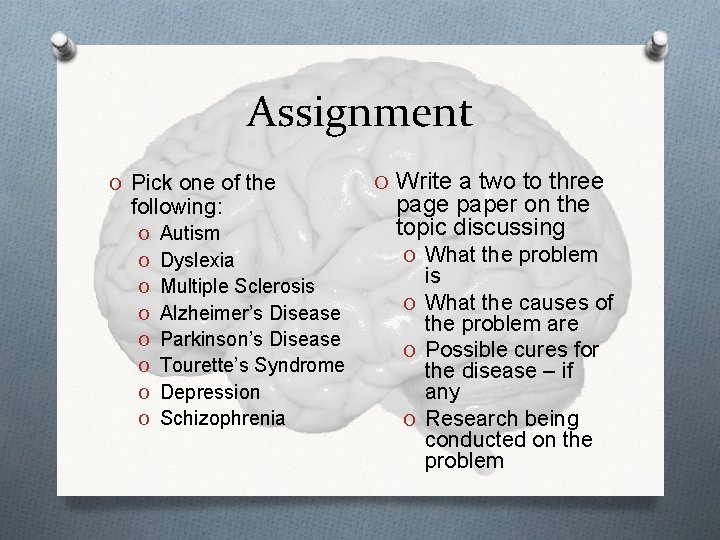 Assignment O Pick one of the following: O Autism O Dyslexia O Multiple Sclerosis