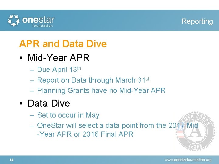 Reporting APR and Data Dive • Mid-Year APR – Due April 13 th –