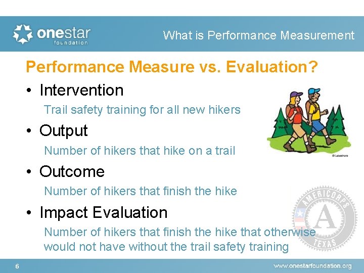 What is Performance Measurement Performance Measure vs. Evaluation? • Intervention Trail safety training for