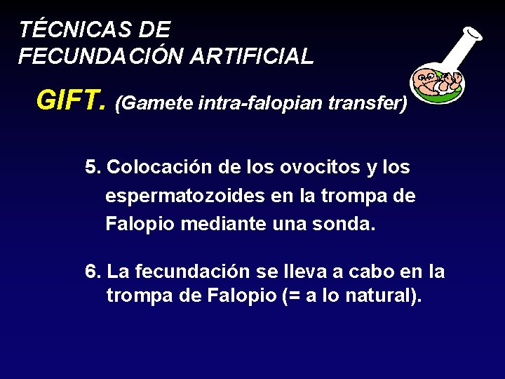 TÉCNICAS DE FECUNDACIÓN ARTIFICIAL GIFT. (Gamete intra-falopian transfer) 5. Colocación de los ovocitos y