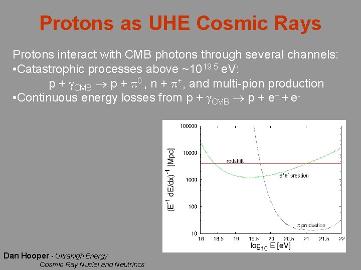 Protons as UHE Cosmic Rays Protons interact with CMB photons through several channels: •