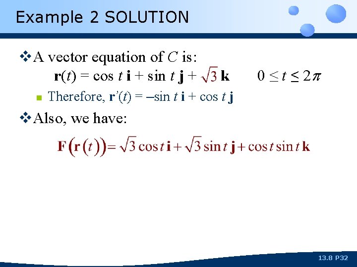 Example 2 SOLUTION v. A vector equation of C is: r(t) = cos t