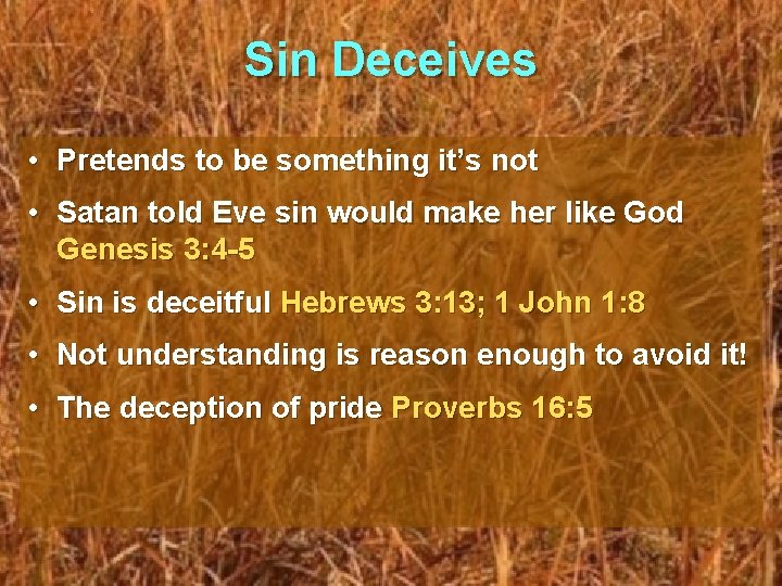 Sin Deceives • Pretends to be something it’s not • Satan told Eve sin