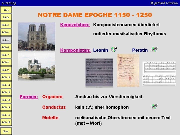 e-learning Titel Inhalt © gerhard schurian NOTRE DAME EPOCHE 1150 - 1250 Kennzeichen: Komponistennamen