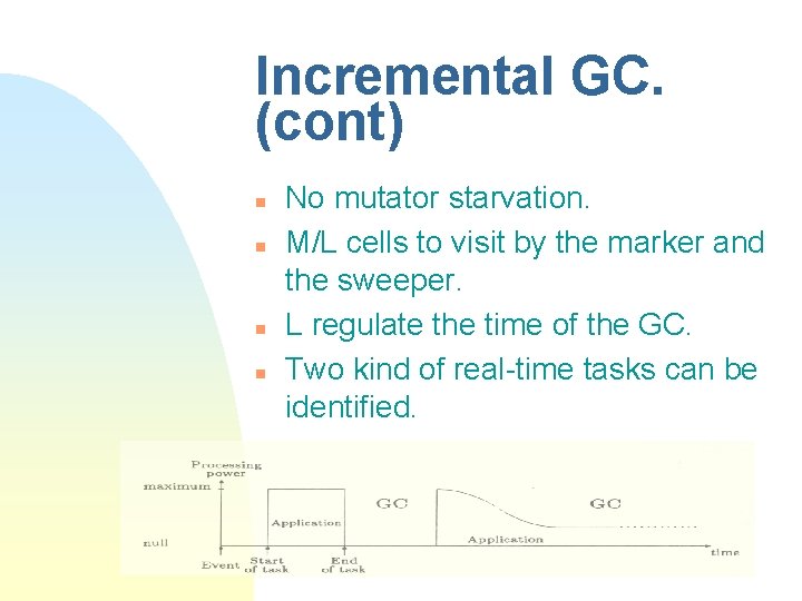 Incremental GC. (cont) n n No mutator starvation. M/L cells to visit by the