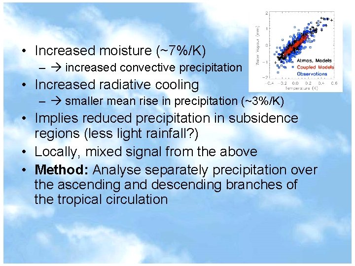  • Increased moisture (~7%/K) – increased convective precipitation • Increased radiative cooling –