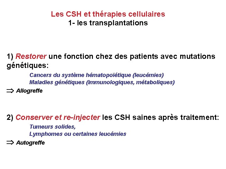 Les CSH et thérapies cellulaires 1 - les transplantations 1) Restorer une fonction chez