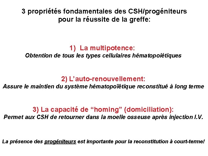 3 propriétés fondamentales des CSH/progéniteurs pour la réussite de la greffe: 1) La multipotence: