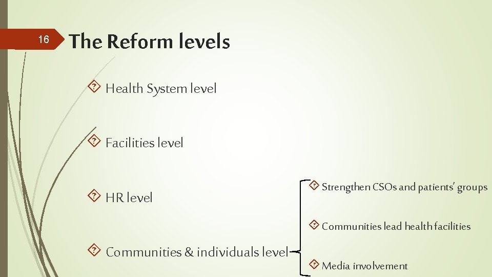 16 The Reform levels Health System level Facilities level HR level Strengthen CSOs and