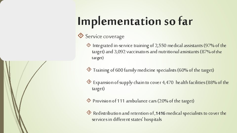 26 Implementation so far Service coverage Integrated in-service training of 2, 550 medical assistants