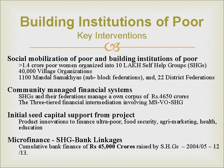 Building Institutions of Poor Key Interventions Social mobilization of poor and building institutions of