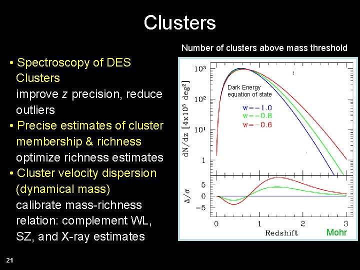 Clusters Number of clusters above mass threshold • Spectroscopy of DES Clusters improve z