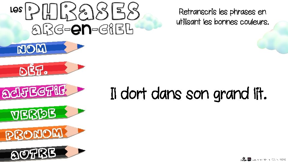 Retranscris les phrases en utilisant les bonnes couleurs. nom Dét. adjectif Il dort dans