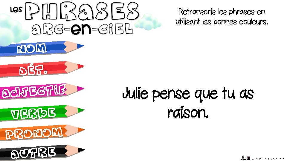 Retranscris les phrases en utilisant les bonnes couleurs. nom Dét. adjectif verbe pronom autre