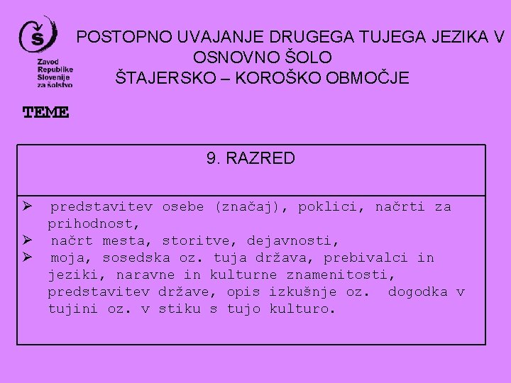 POSTOPNO UVAJANJE DRUGEGA TUJEGA JEZIKA V OSNOVNO ŠOLO ŠTAJERSKO – KOROŠKO OBMOČJE TEME 9.