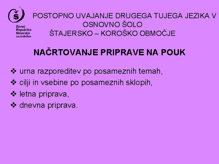 POSTOPNO UVAJANJE DRUGEGA TUJEGA JEZIKA V OSNOVNO ŠOLO ŠTAJERSKO – KOROŠKO OBMOČJE NAČRTOVANJE PRIPRAVE