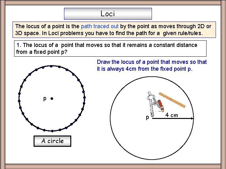 Loci The locus of a point is the path traced out by the point