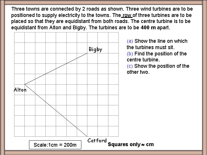 Three towns are connected by 2 roads as shown. Three wind turbines are to