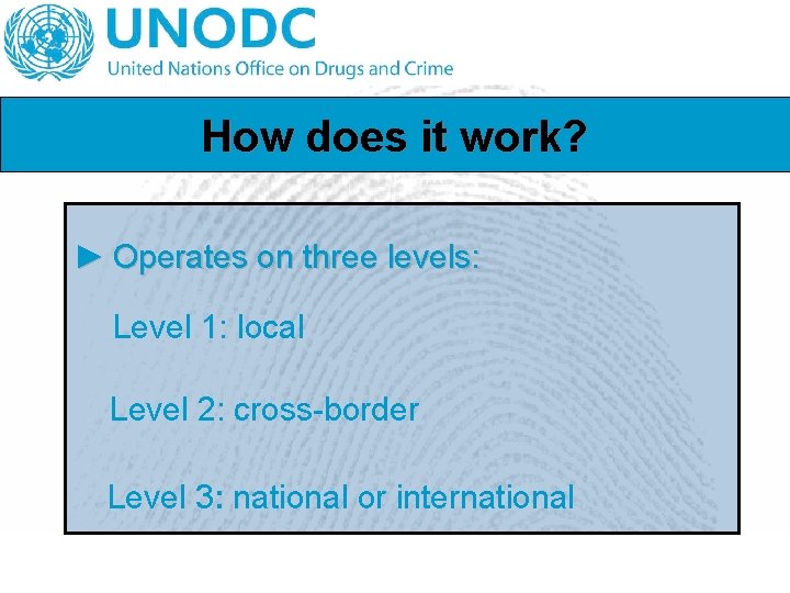 How does it work? ► Operates on three levels: Level 1: local Level 2: