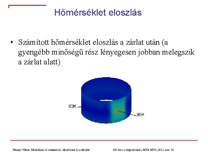 Hőmérséklet eloszlás • Számított hőmérséklet eloszlás a zárlat után (a gyengébb minőségű rész lényegesen