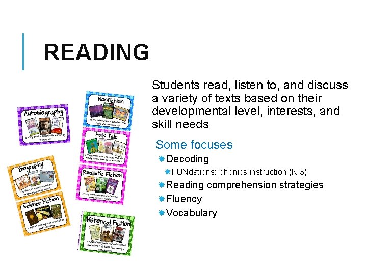 READING Students read, listen to, and discuss a variety of texts based on their READING Students read, listen to, and discuss a variety of texts based on their
