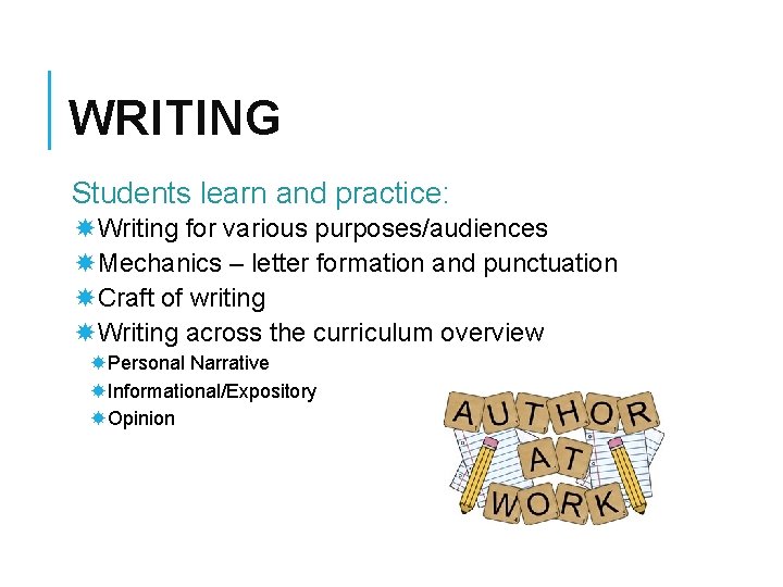 WRITING Students learn and practice: Writing for various purposes/audiences Mechanics – letter formation and WRITING Students learn and practice: Writing for various purposes/audiences Mechanics – letter formation and