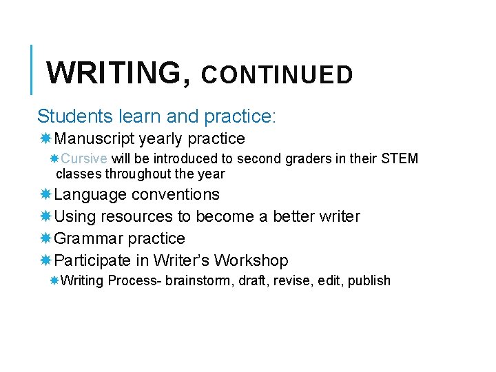 WRITING, CONTINUED Students learn and practice: Manuscript yearly practice Cursive will be introduced to WRITING, CONTINUED Students learn and practice: Manuscript yearly practice Cursive will be introduced to