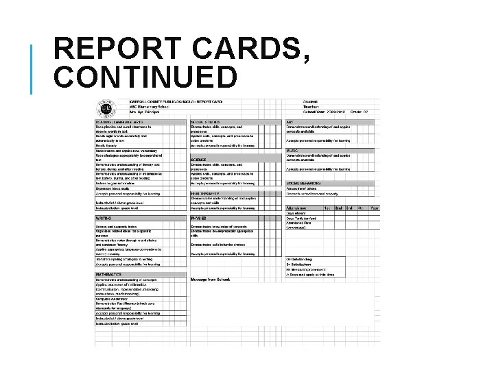 REPORT CARDS, CONTINUED REPORT CARDS, CONTINUED