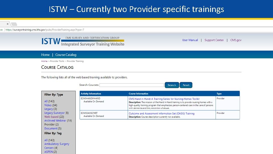 ISTW – Currently two Provider specific trainings 35 
