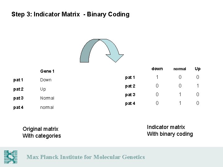 Step 3: Indicator Matrix - Binary Coding down normal Up pat 1 1 0