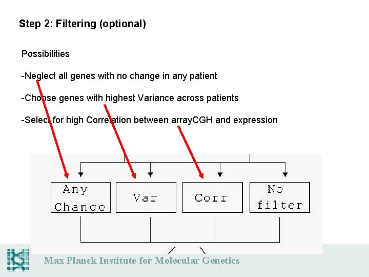 Step 2: Filtering (optional) Possibilities -Neglect all genes with no change in any patient Step 2: Filtering (optional) Possibilities -Neglect all genes with no change in any patient