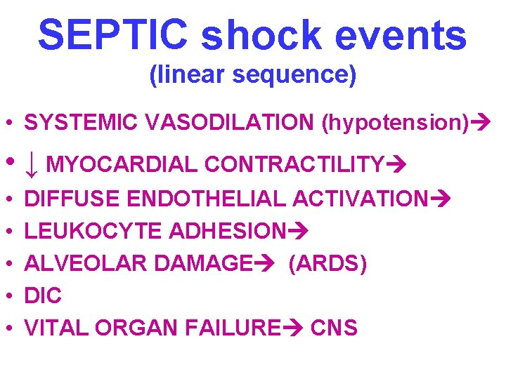 SEPTIC shock events (linear sequence) • SYSTEMIC VASODILATION (hypotension) • ↓ MYOCARDIAL CONTRACTILITY •