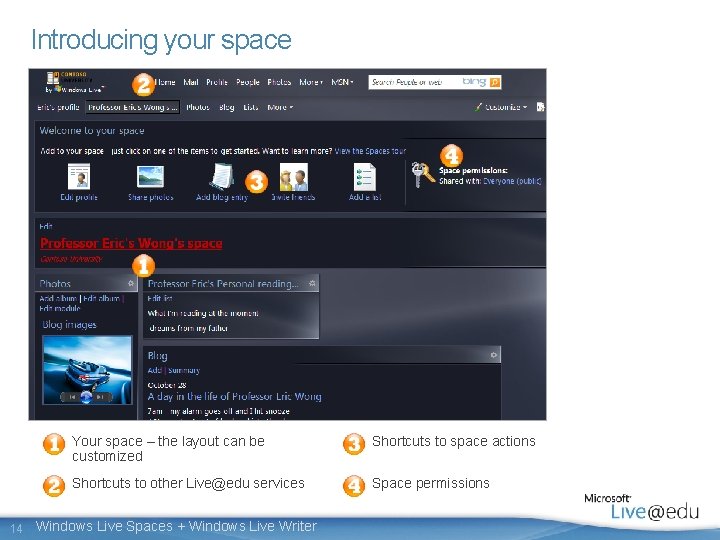 Introducing your space 14 Your space – the layout can be customized Shortcuts to