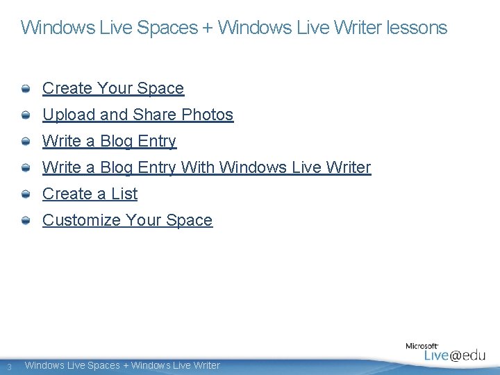 Windows Live Spaces + Windows Live Writer lessons Create Your Space Upload and Share