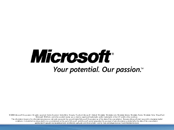 © 2009 Microsoft Corporation. All rights reserved. Active Directory, Active. Sync, Encarta, Forefront, Microsoft,